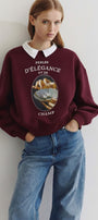 Kadın Oversize Sweatshirt Perles d’Élégance Baskılı Bordo – Bisiklet Yaka, 3 İplik Şardonlu Polar