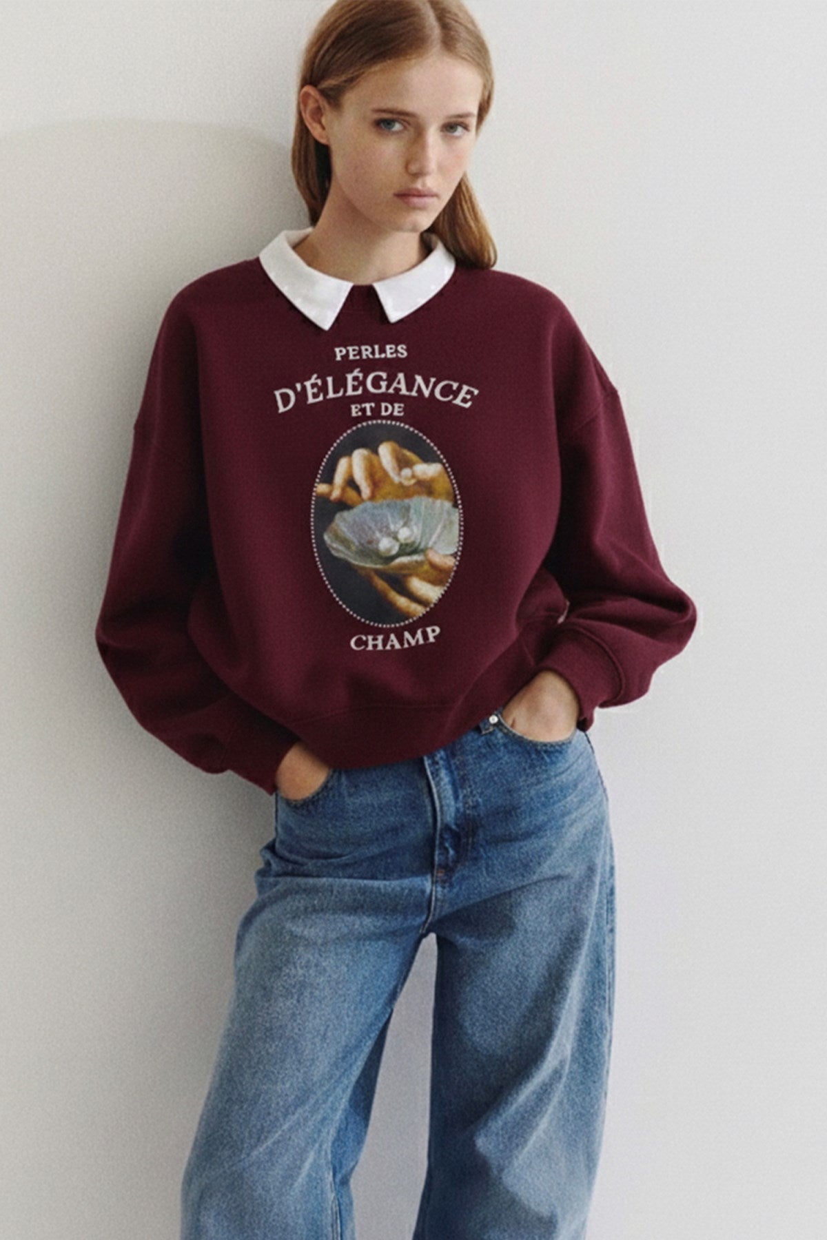 Kadın Oversize Sweatshirt Perles d’Élégance Baskılı Bordo – Bisiklet Yaka, 3 İplik Şardonlu Polar