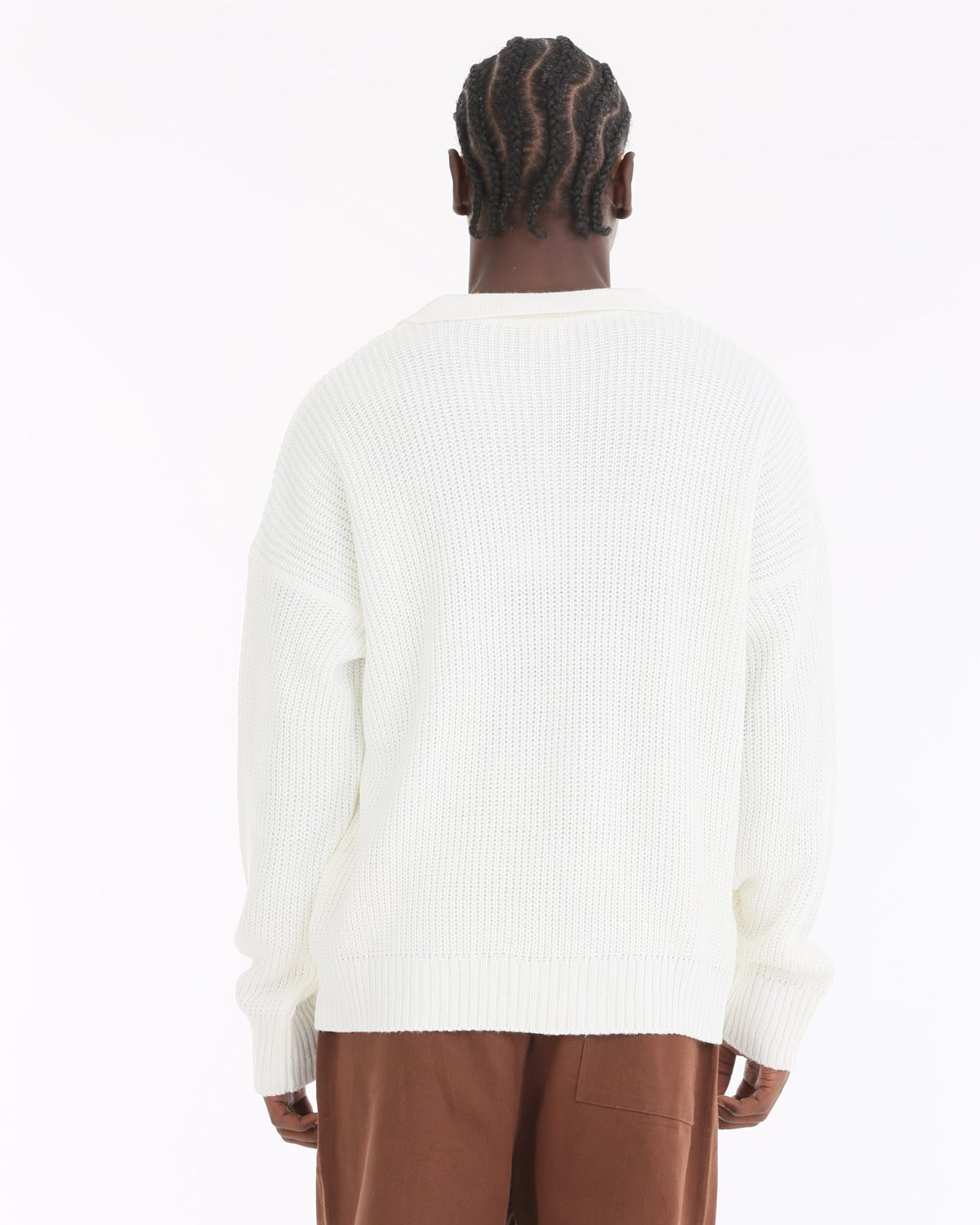 Polo Yaka Örme Triko Fitilli Beyaz Oversize Erkek Kazak
