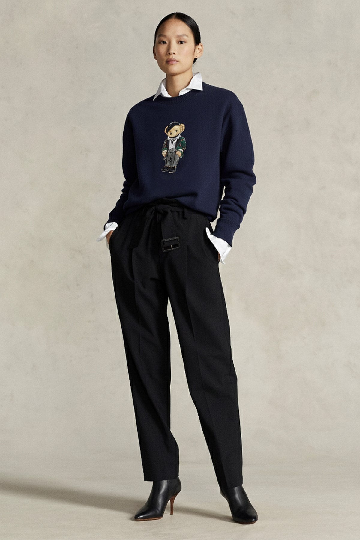 Kadın Oversize Sweatshirt Parisian Bear Baskılı Lacivert – Bisiklet Yaka, 3 İplik Şardonlu 