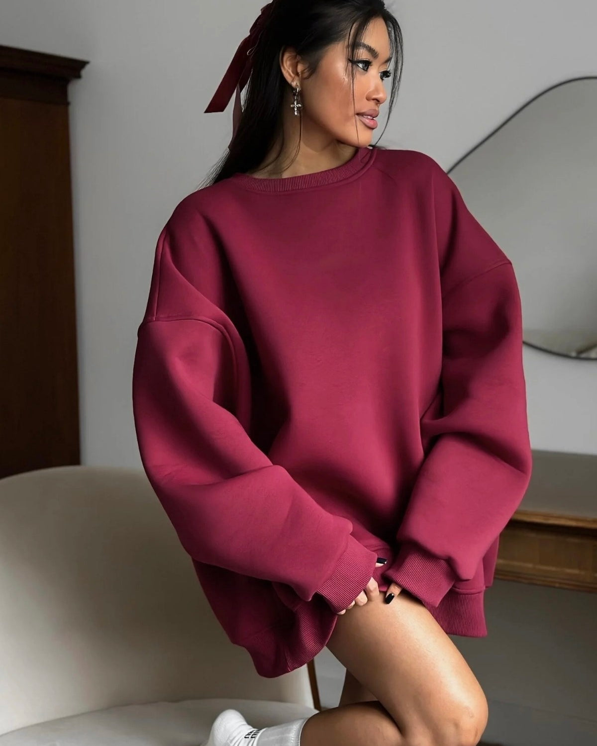 Kadın Oversize Sweatshirt Elbise Basic Bordo – Bisiklet Yaka, 3 İplik Şardonlu Polar