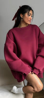 Kadın Oversize Sweatshirt Elbise Basic Bordo – Bisiklet Yaka, 3 İplik Şardonlu Polar