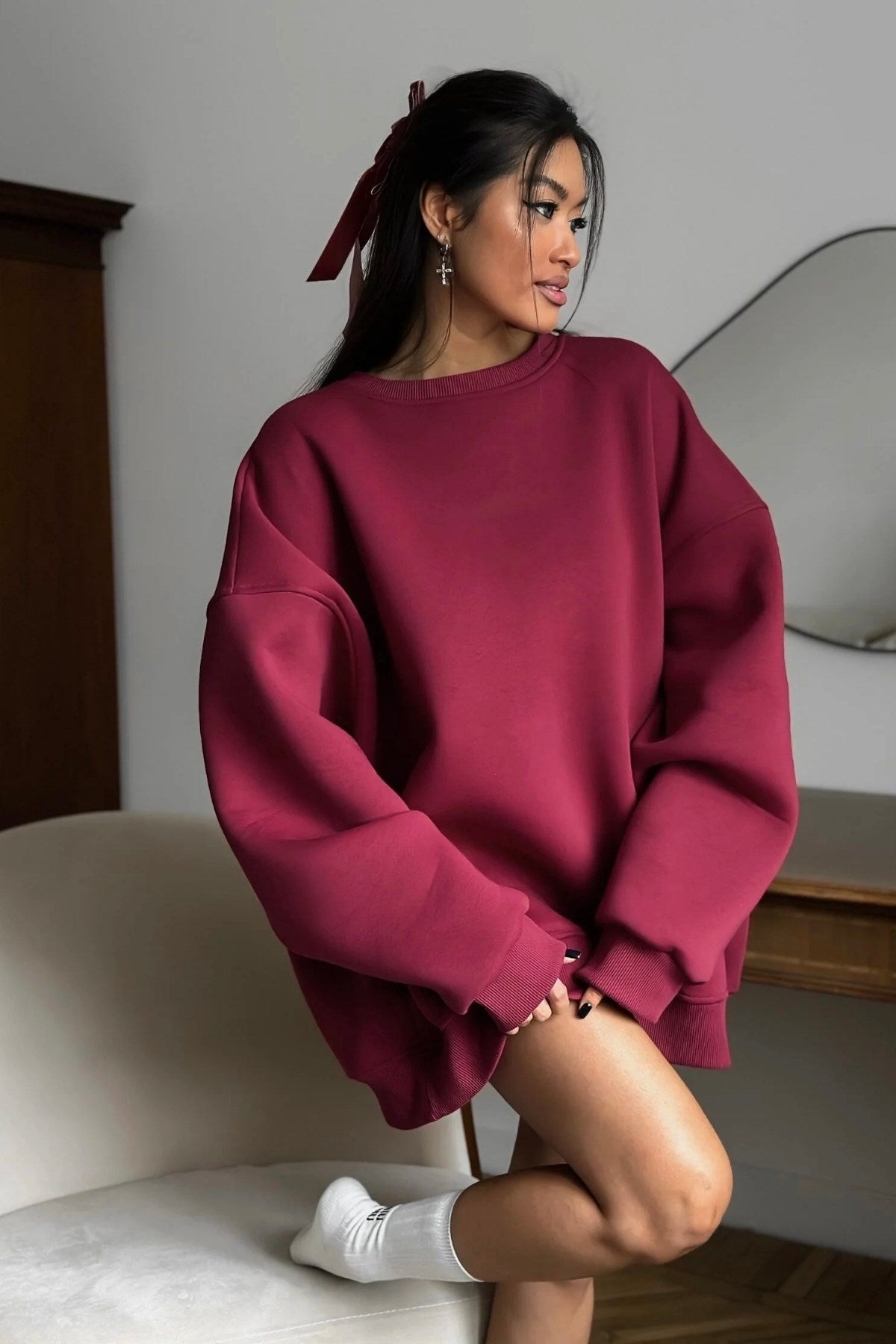 Kadın Oversize Sweatshirt Elbise Basic Bordo – Bisiklet Yaka, 3 İplik Şardonlu Polar