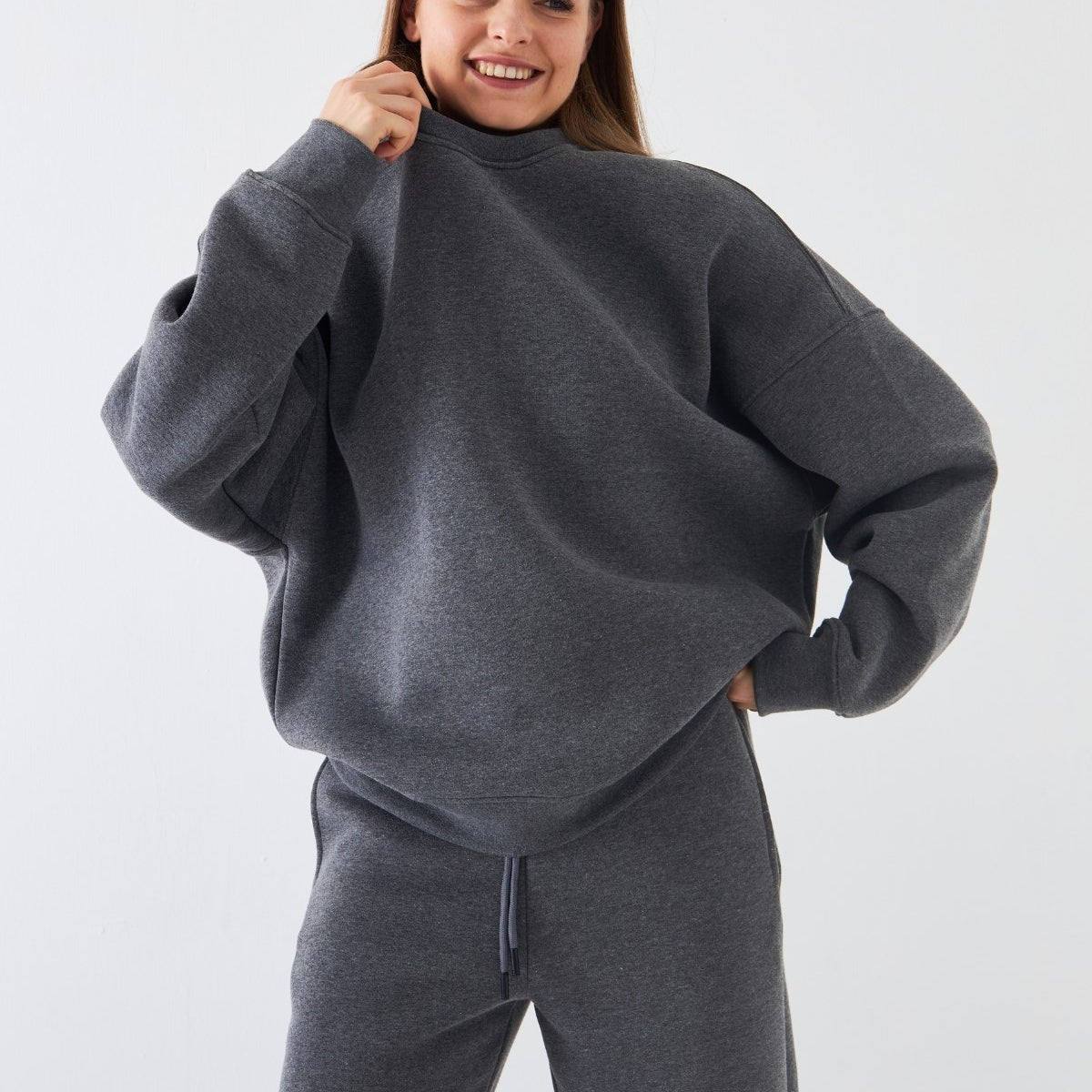 Unisex Oversize Sweatshirt Basic Füme Melanj – Bisiklet Yaka, 3 İplik Şardonlu Polar
