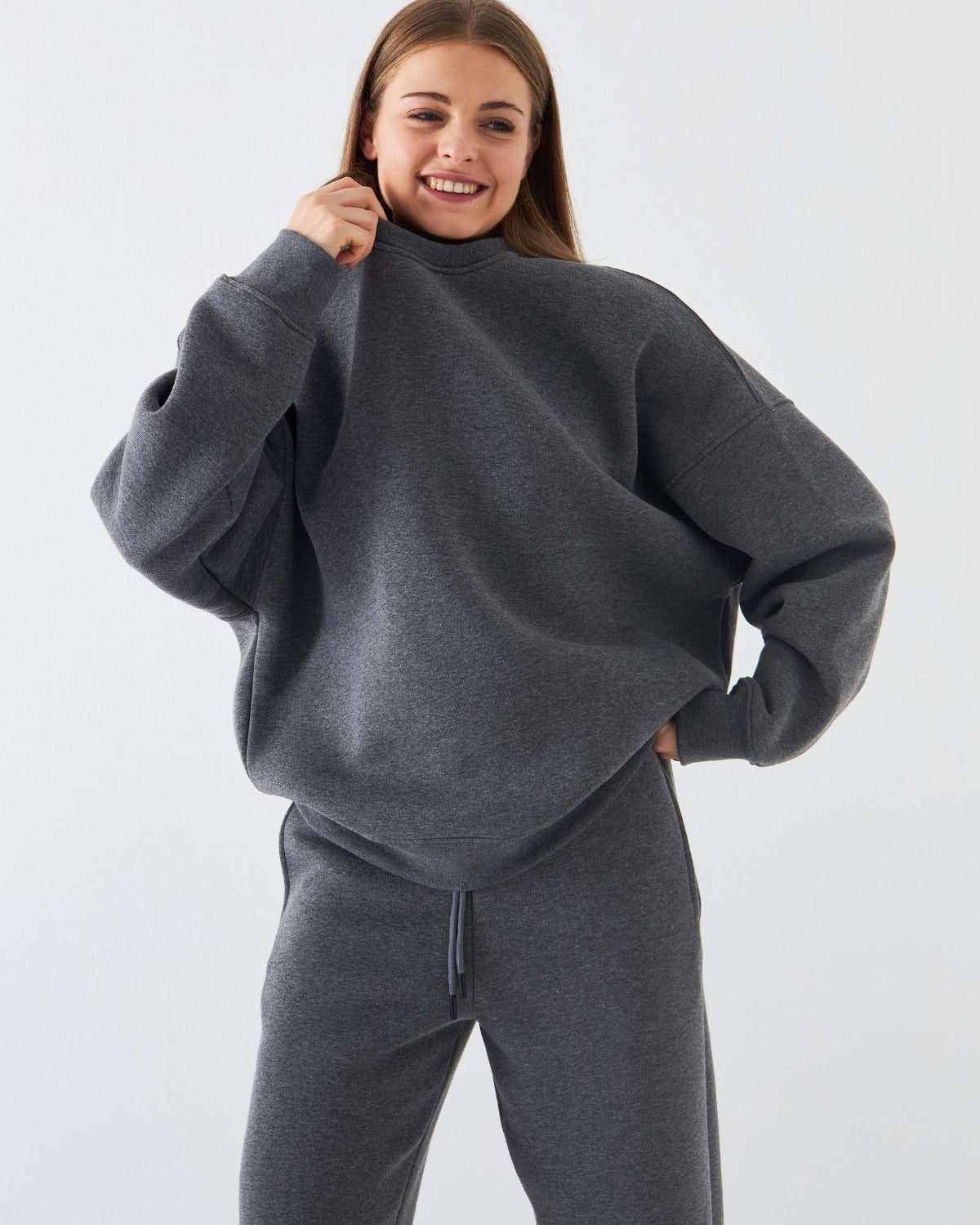 Unisex Oversize Sweatshirt Basic Füme Melanj – Bisiklet Yaka, 3 İplik Şardonlu Polar