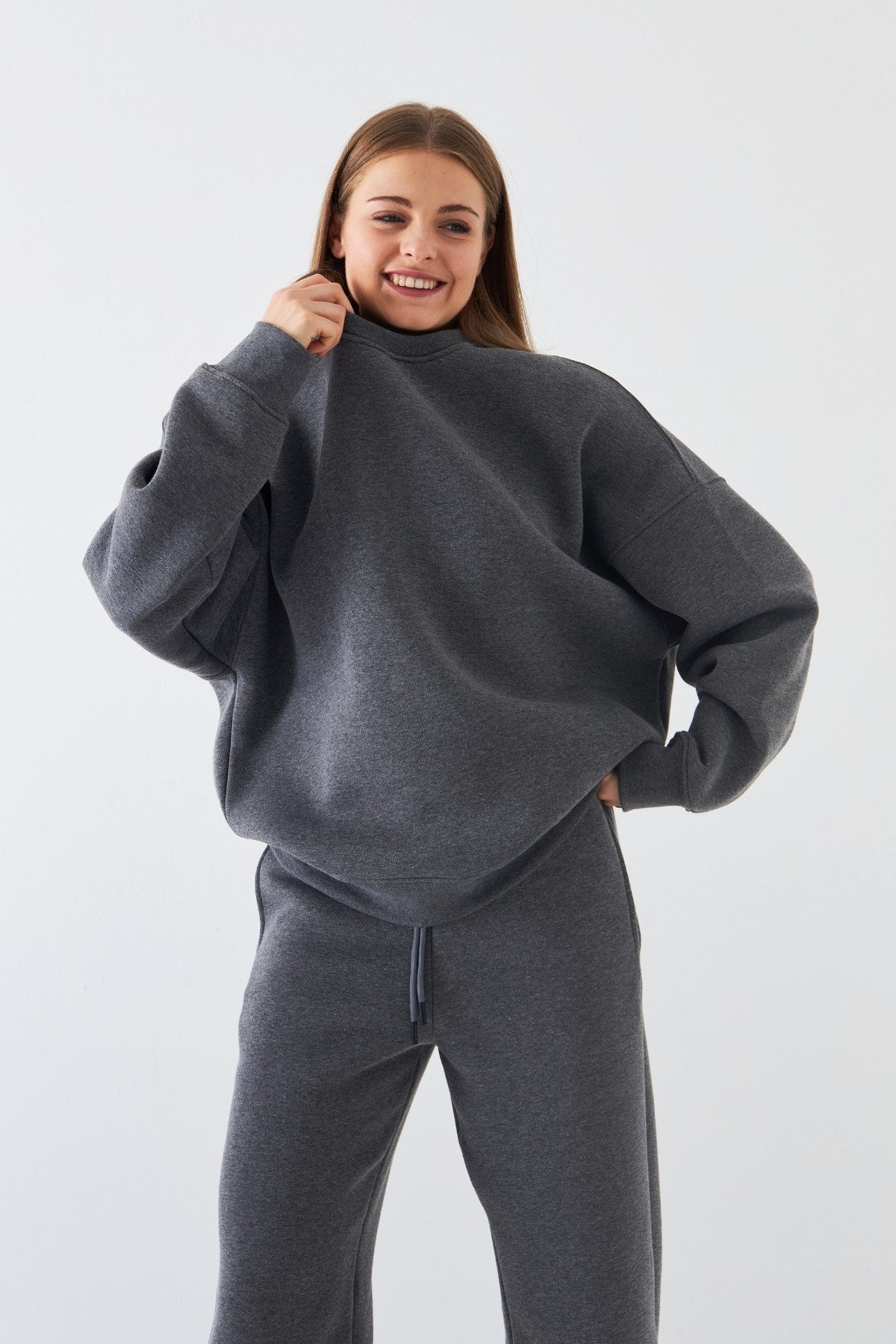 Unisex Oversize Sweatshirt Basic Füme Melanj – Bisiklet Yaka, 3 İplik Şardonlu Polar