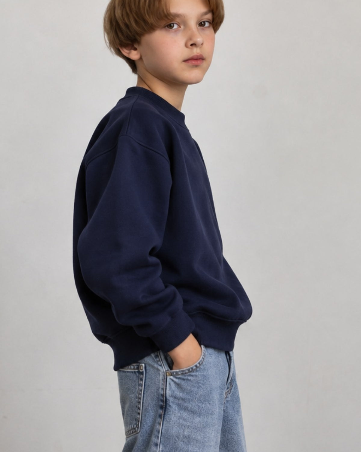 Erkek Çocuk Oversize Sweatshirt Basic Lacivert – Bisiklet yaka, 3 iplik şardonlu polar