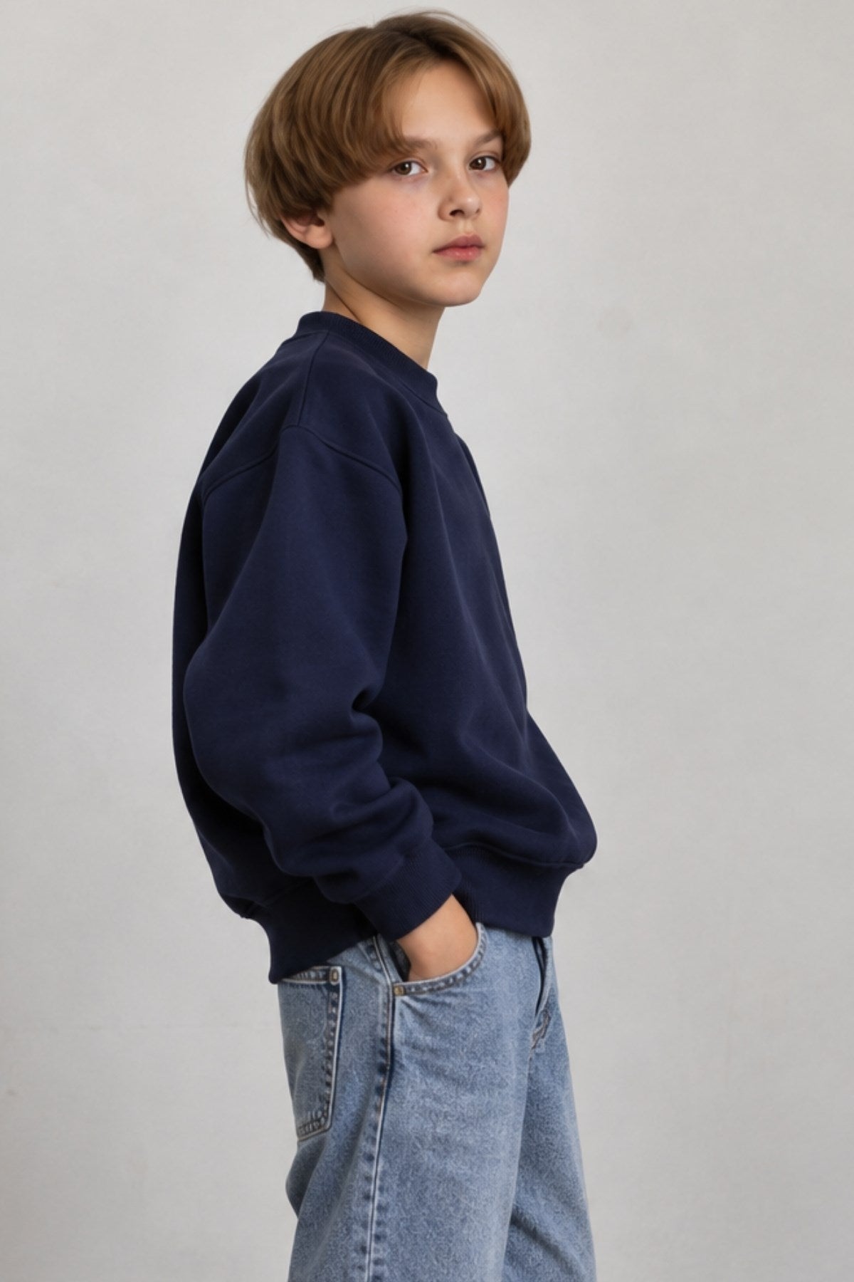 Erkek Çocuk Oversize Sweatshirt Basic Lacivert – Bisiklet yaka, 3 iplik şardonlu polar