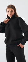 Unisex Oversize Sweatshirt Basic Siyah – Yarım Fermuar Dik Yaka, 3 İplik Şardonlu Polar