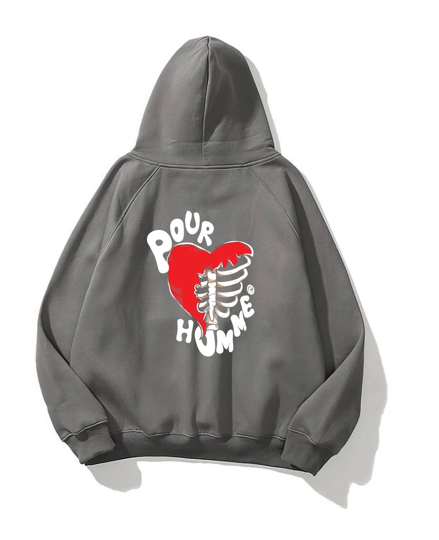 Kapüşonlu İçi Polar Kalp İskelet Baskılı Füme Unisex Hoodie Sweatshirt