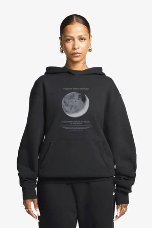 Kapüşonlu İçi Polar Moon Baskılı Siyah Unisex Hoodie Sweatshirt