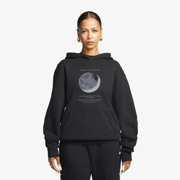 Kapüşonlu İçi Polar Moon Baskılı Siyah Unisex Hoodie Sweatshirt