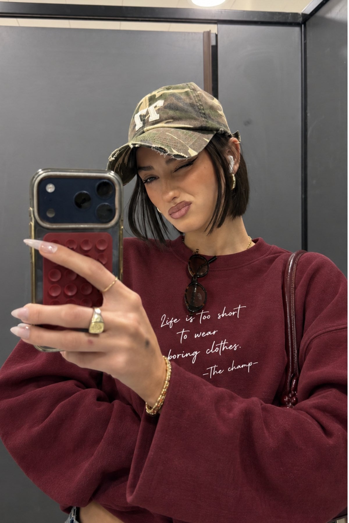 Kadın Relaxed Fit Sweatshirt Life Is Too Short Baskılı Bordo – Bisiklet Yaka, 3 İplik Şardonsuz