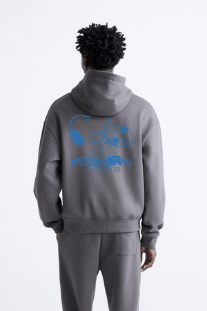 Kapüşonlu İçi Polar Peanuts Yazılı Snoopy Desen Baskılı Füme Oversize Hoodie Sweatshirt