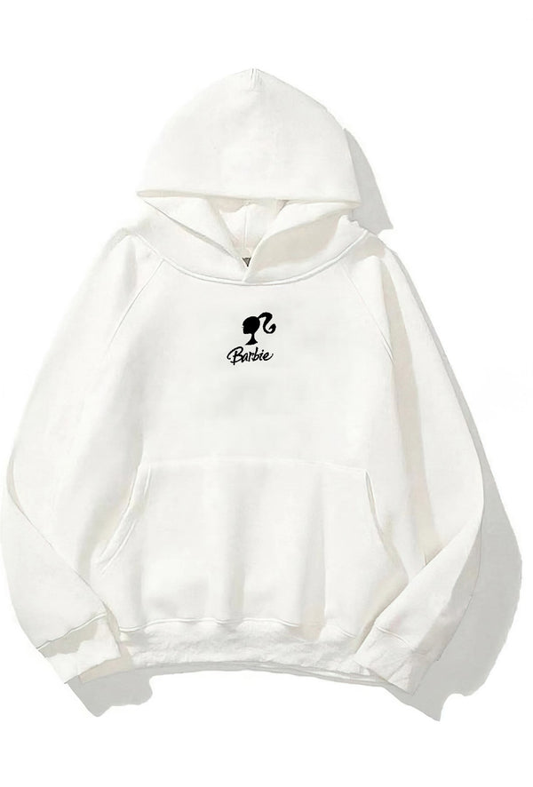 Kapüşonlu İçi Polar Think Of Barbie Baskılı Beyaz Unisex Hoodie Sweatshirt