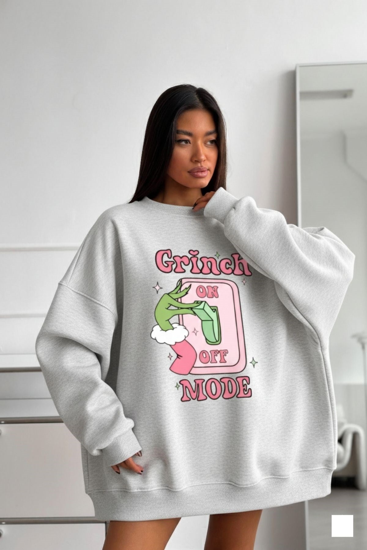 Kadın Oversize Sweatshirt Elbise Grinch Mode Baskılı Gri Melanj – Bisiklet Yaka, 3 İplik Polar