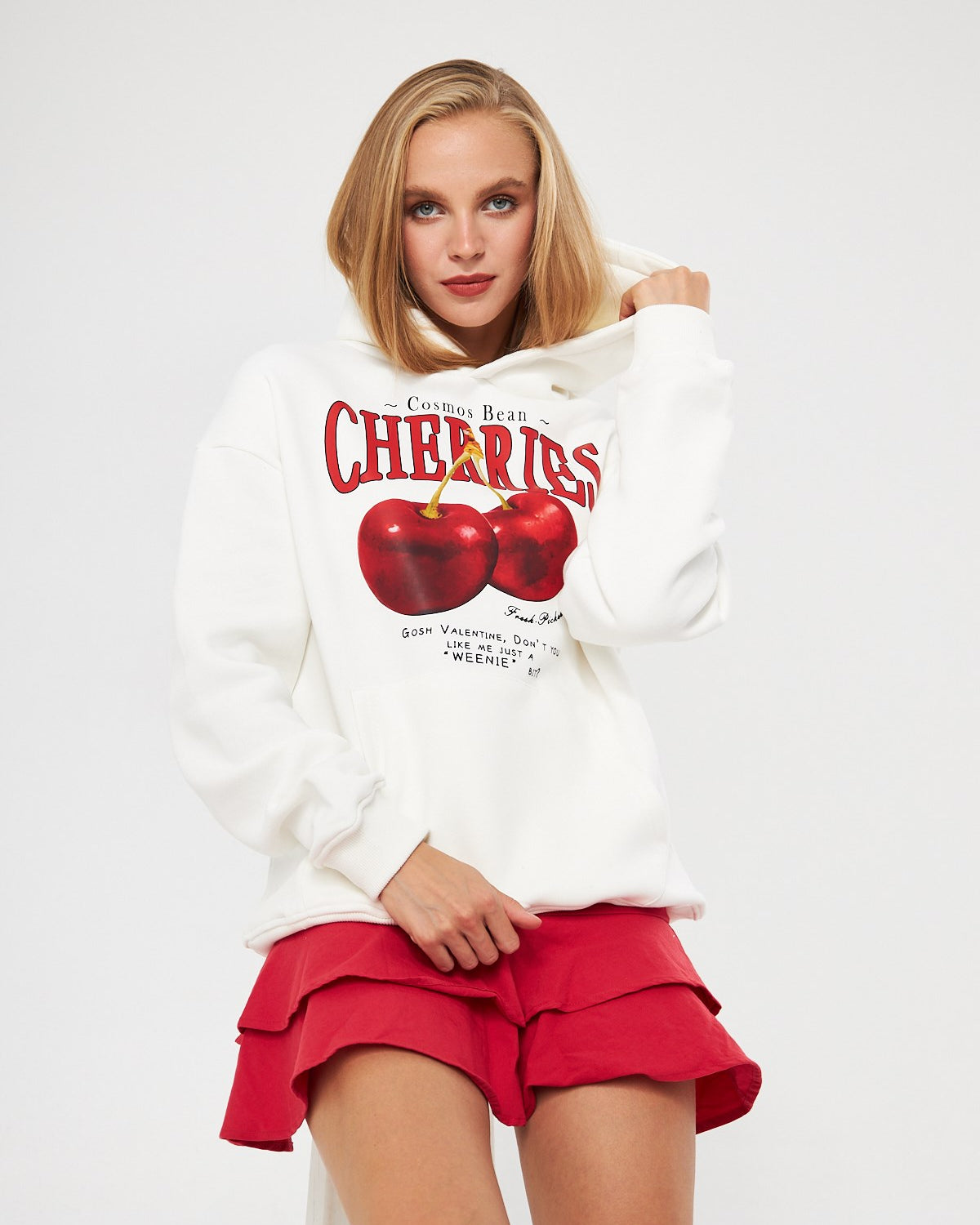 Kapüşonlu İçi Polar Cherries Yazılı Kiraz Baskılı Beyaz Oversize Hoodie Sweatshirt