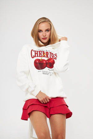 Kapüşonlu İçi Polar Cherries Yazılı Kiraz Baskılı Beyaz Oversize Hoodie Sweatshirt