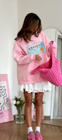 Kadın Oversize Sweatshirt Elbise Anxiety Bar Baskılı Pembe – Bisiklet Yaka, 3 İplik Şardonlu Polar