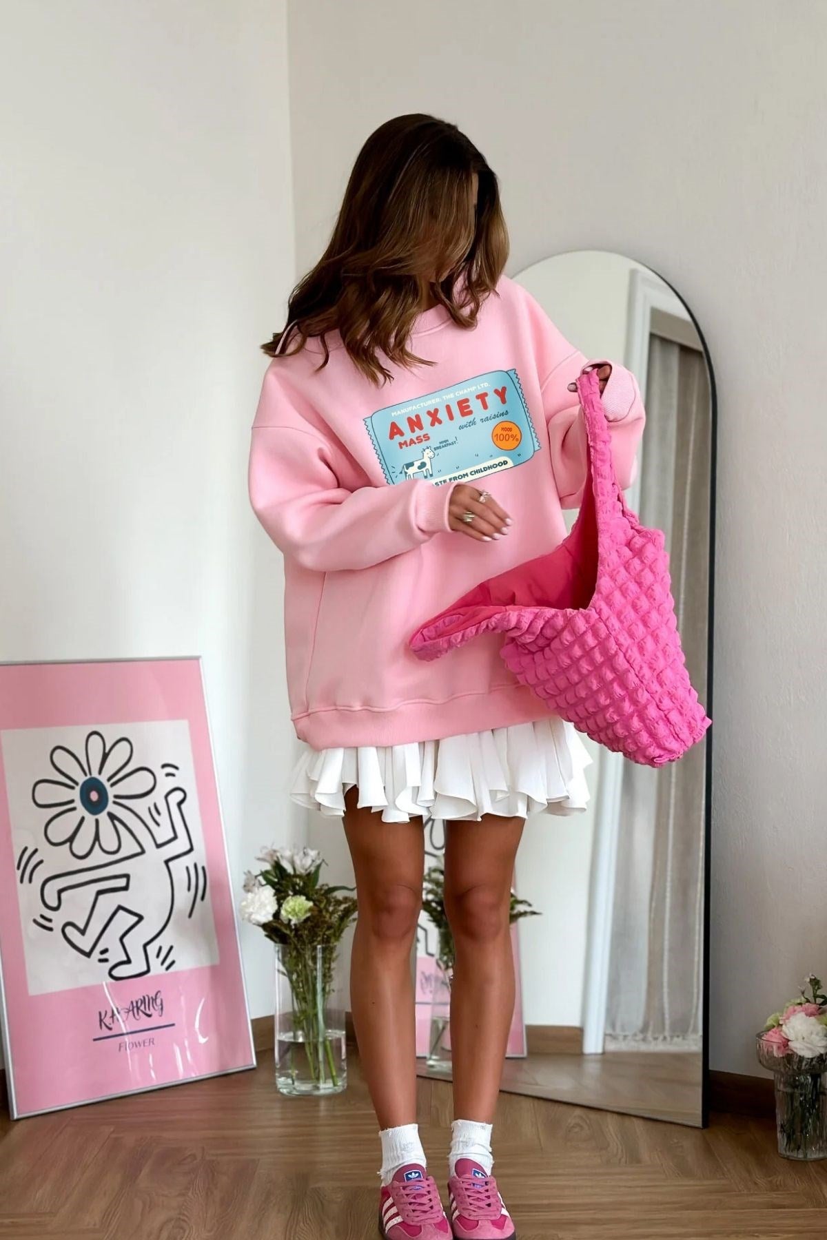 Kadın Oversize Sweatshirt Elbise Anxiety Bar Baskılı Pembe – Bisiklet Yaka, 3 İplik Şardonlu Polar
