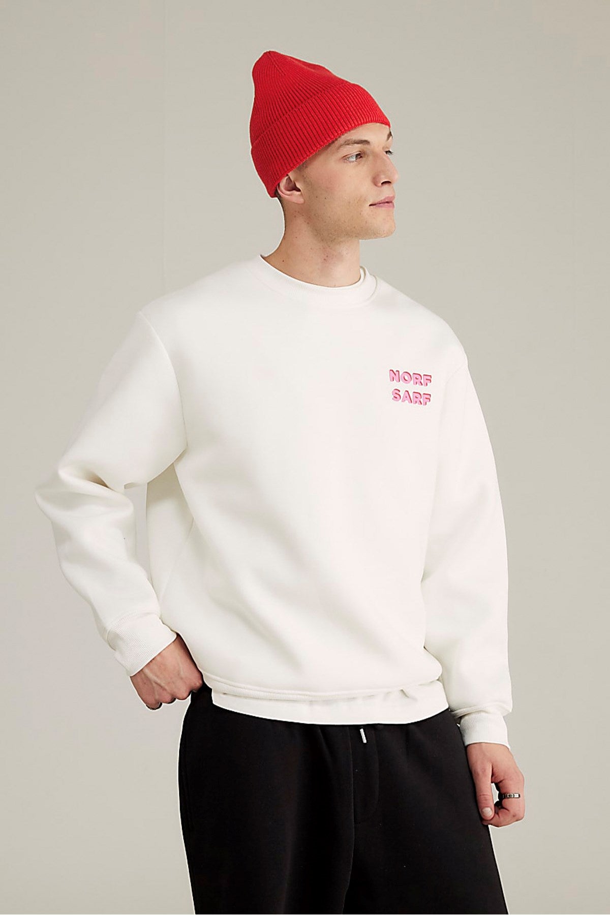 Unisex Oversize Sweatshirt Norf Sarf Harita Baskılı Beyaz – Bisiklet Yaka, 3 İplik Şardonlu Polar