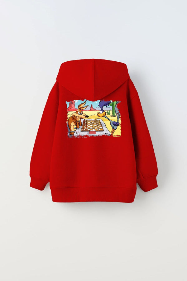 Kapüşonlu İçi Polar Satranç Cartoon Baskılı Kırmızı Unisex Çocuk Hoodie Sweatshirt