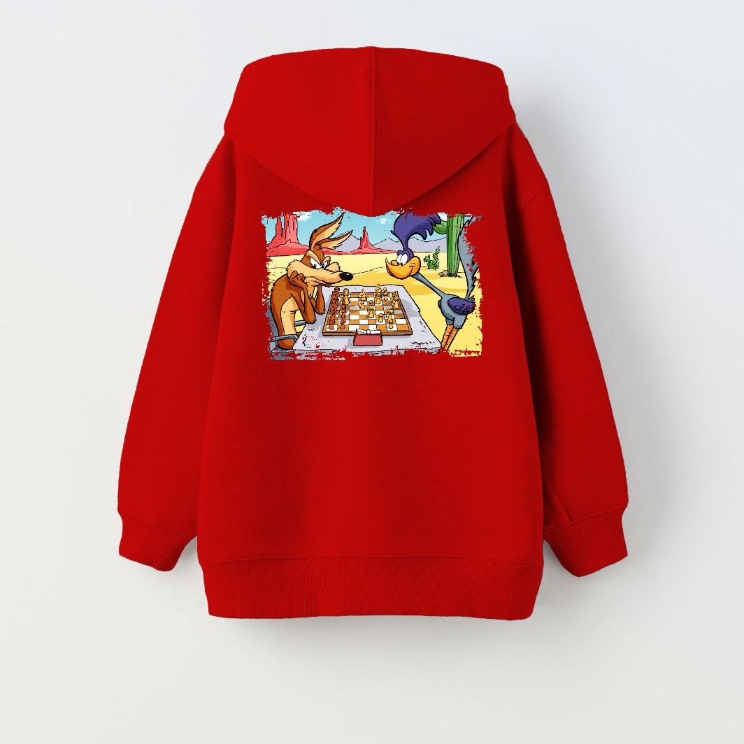 Kapüşonlu İçi Polar Satranç Cartoon Baskılı Kırmızı Unisex Çocuk Hoodie Sweatshirt