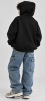 Erkek Çocuk Oversize Basic Hoodie Sweatshirt Siyah– Kapüşonlu, Kanguru Cepli, 3 İplik Polar