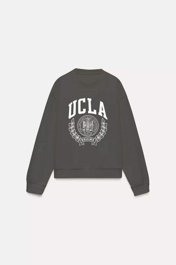 Ucla Yazı Baskılı Bisiklet Yaka İçi Polar Oversize Kesim Unisex Füme Sweatshirt