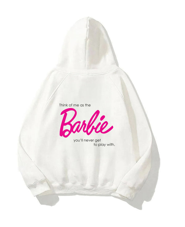 Kapüşonlu İçi Polar Think Of Barbie Baskılı Beyaz Unisex Hoodie Sweatshirt