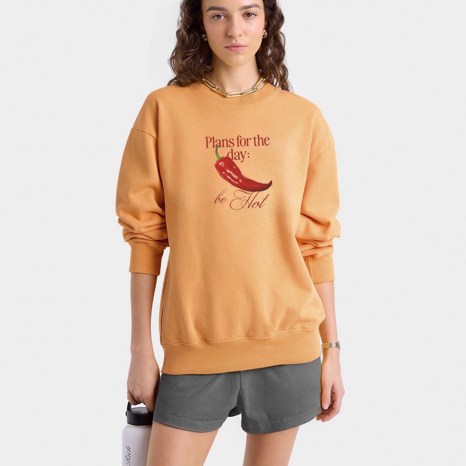 Kadın Oversize Sweatshirt Be Hot Baskılı Turuncu – Bisiklet Yaka, 3 İplik Şardonlu Polar