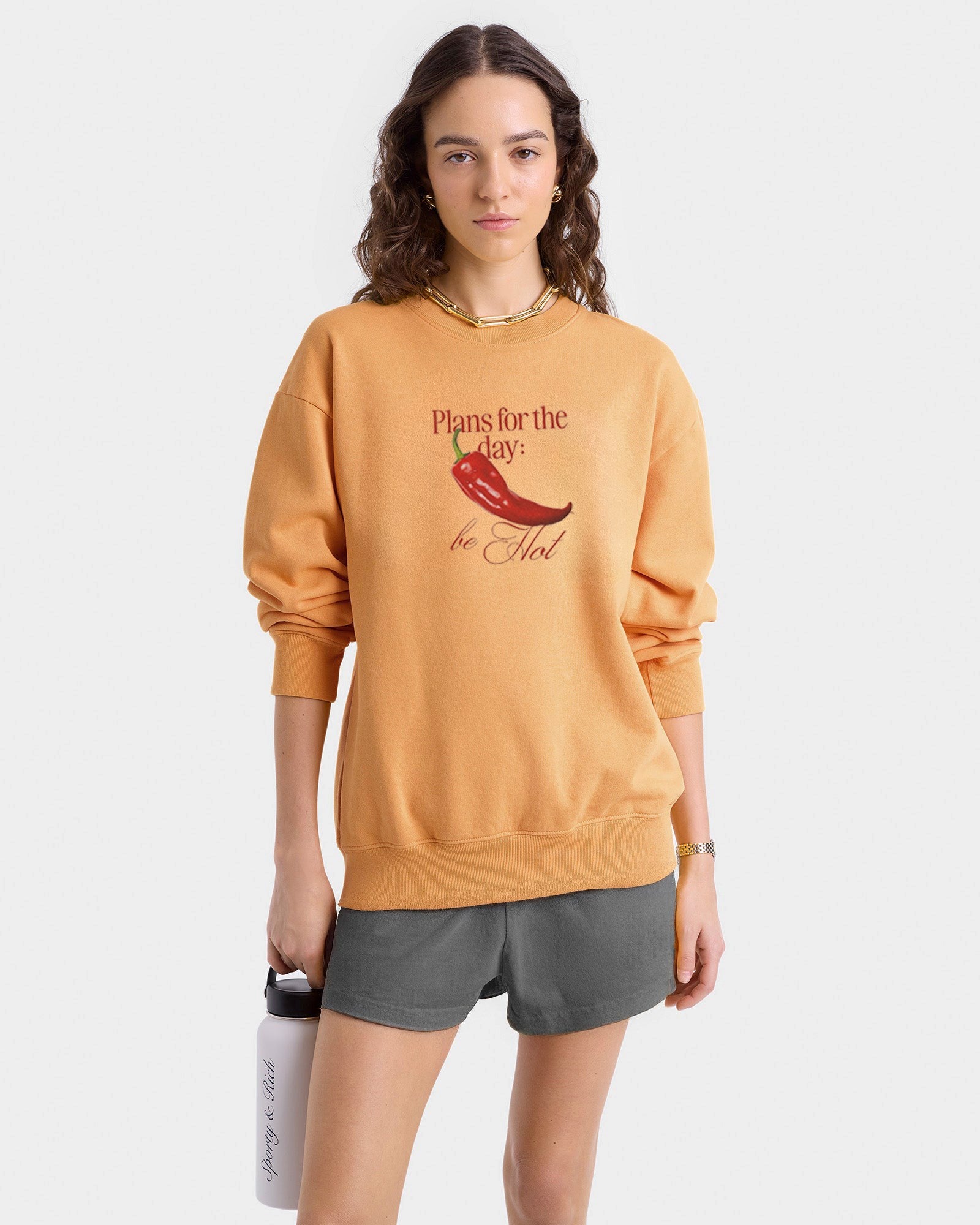Kadın Oversize Sweatshirt Be Hot Baskılı Turuncu – Bisiklet Yaka, 3 İplik Şardonlu Polar