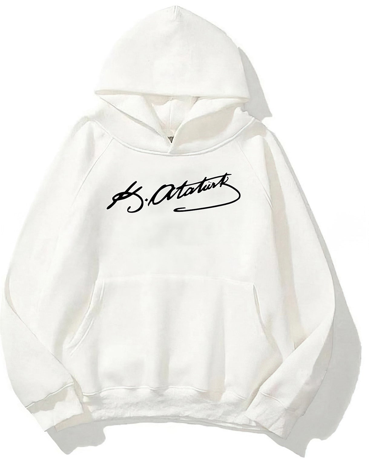Kapüşonlu İçi Polar Kemal Atatürk İmzalı Baskılı Beyaz Unisex Sweatshirt