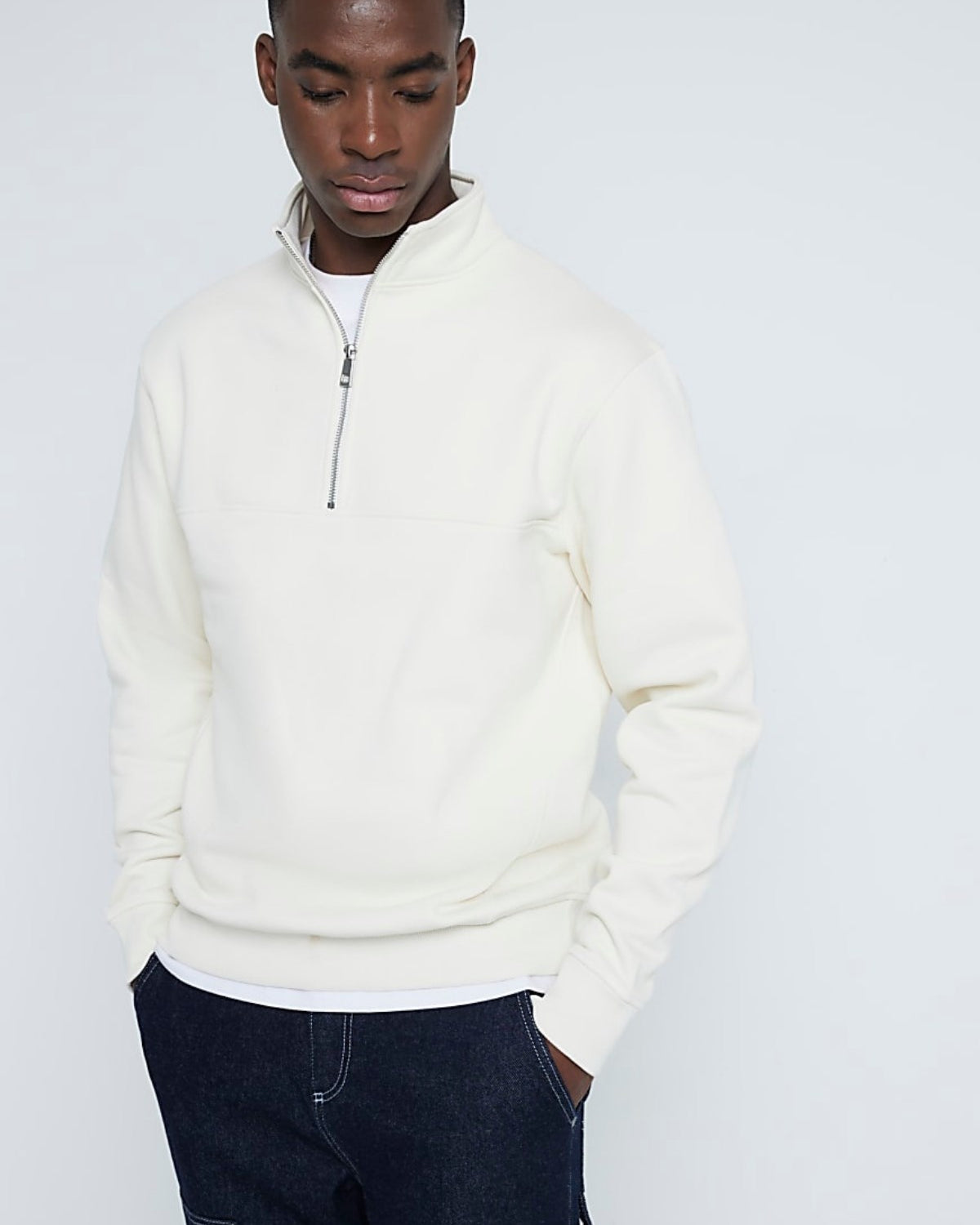 Erkek Ekru Yarım Fermuarlı Sweatshirt 3 İplik Şardonlu Oversize Kesim          ChatGPT’ye sor