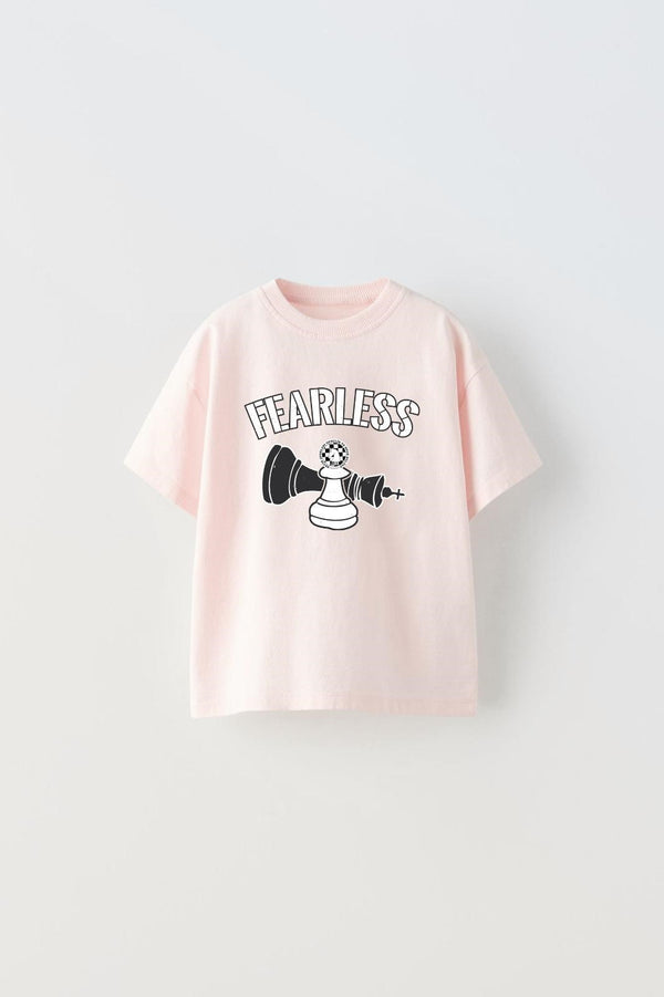 Fearless Yazılı Satranç Tasarım Baskılı Pembe Çocuk T-Shirt