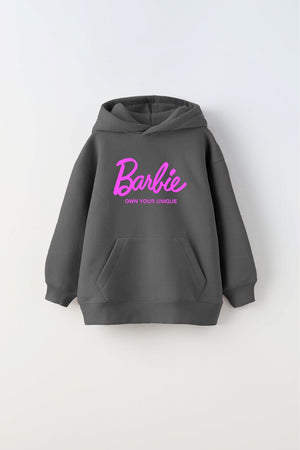 Kapüşonlu İçi Polar Barbie Own Your Unique Yazı Baskılı Füme Unisex Çocuk Hoodie  Sweatshirt