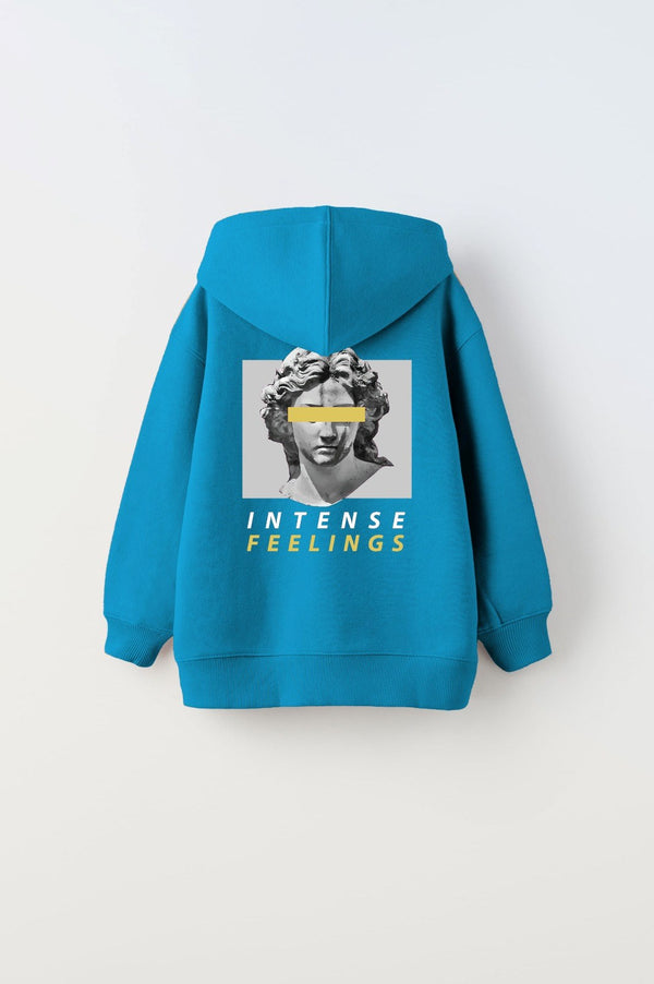 Kapüşonlu İçi Polar Intense Feelings Baskılı Mavi Unisex Çocuk Hoodie Sweatshirt