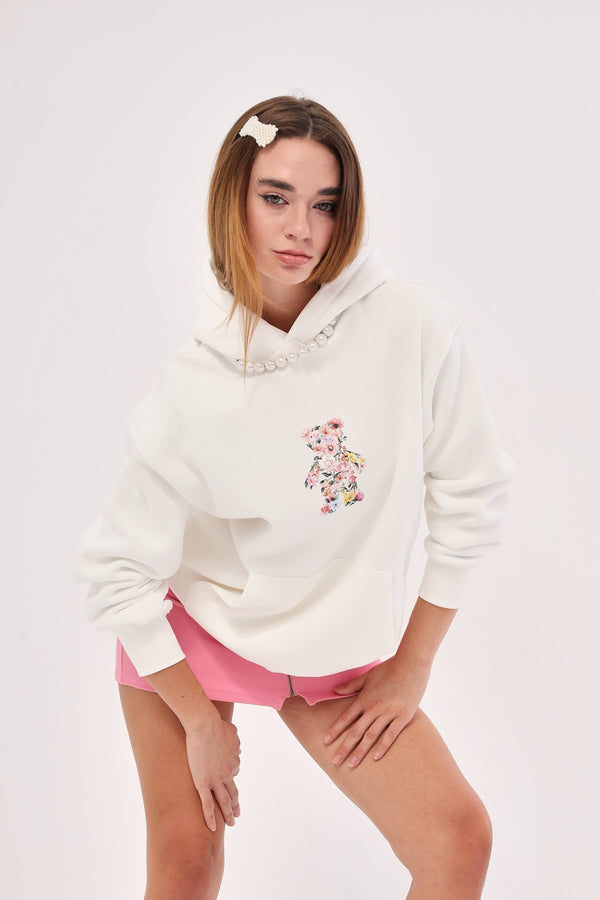 Kapüşonlu İçi Polar Teddy Bear Çiçekli  Baskılı Beyaz Unisex Hoodie Sweatshirt