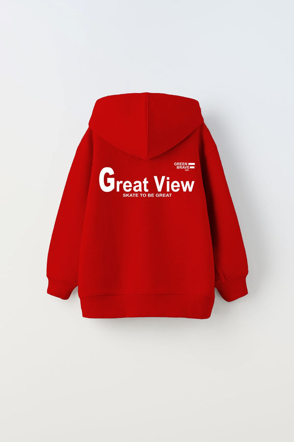 Kapüşonlu İçi Polar Great View Yazı Baskılı Kırmızı Unisex Çocuk Hoodie Sweatshirt