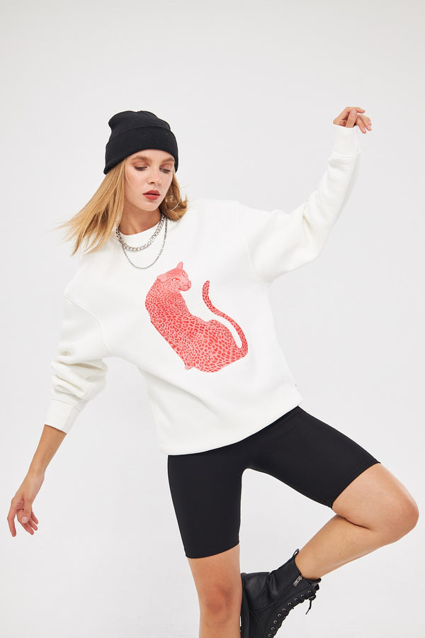 Bisiklet Yaka İçi Polar Leopar Baskılı Beyaz Oversize Sweatshirt