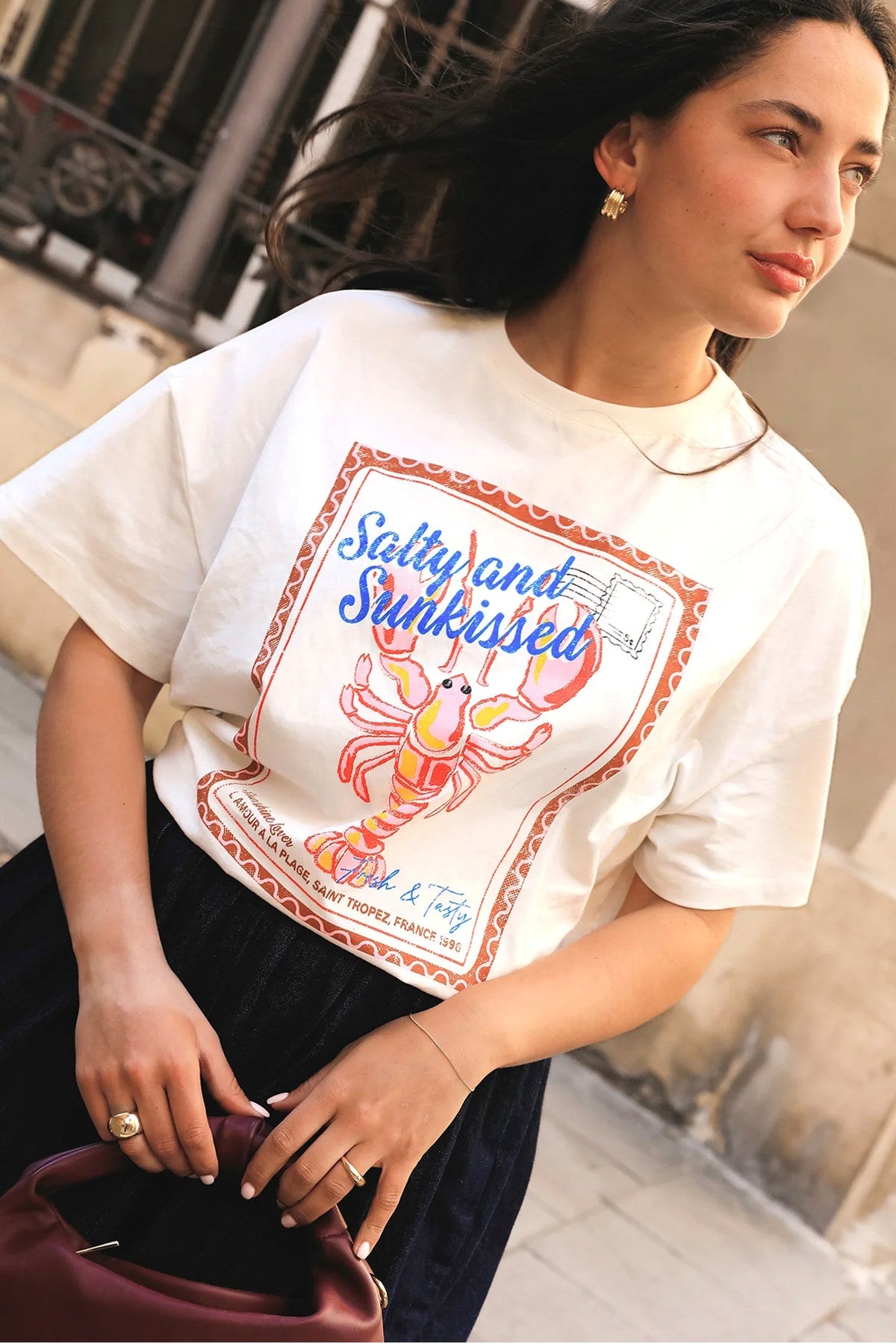 Kadın Oversize Tişört Salty&Sunkissed Baskılı Beyaz – Bisiklet Yaka, %100 Pamuk Compact Süprem 24/1