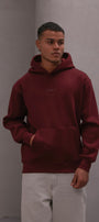Erkek Oversize Sweatshirt Hoodie CHMP Yazlı Baskılı Bordo – Kapüşonlu, 3 İplik Polar, Kanguru Cepli