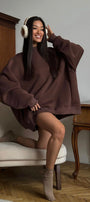 Kadın Oversize Sweatshirt Elbise Basic Kahverengi – Bisiklet Yaka, 3 İplik Şardonlu Polar