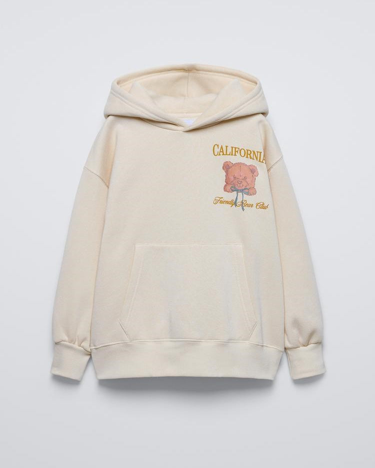 Bej Çocuk Ayıcık Baskılı California Friendly Bear Club Yazılı Kanguru Cepli Oversize Kapüşonlu Sweat
