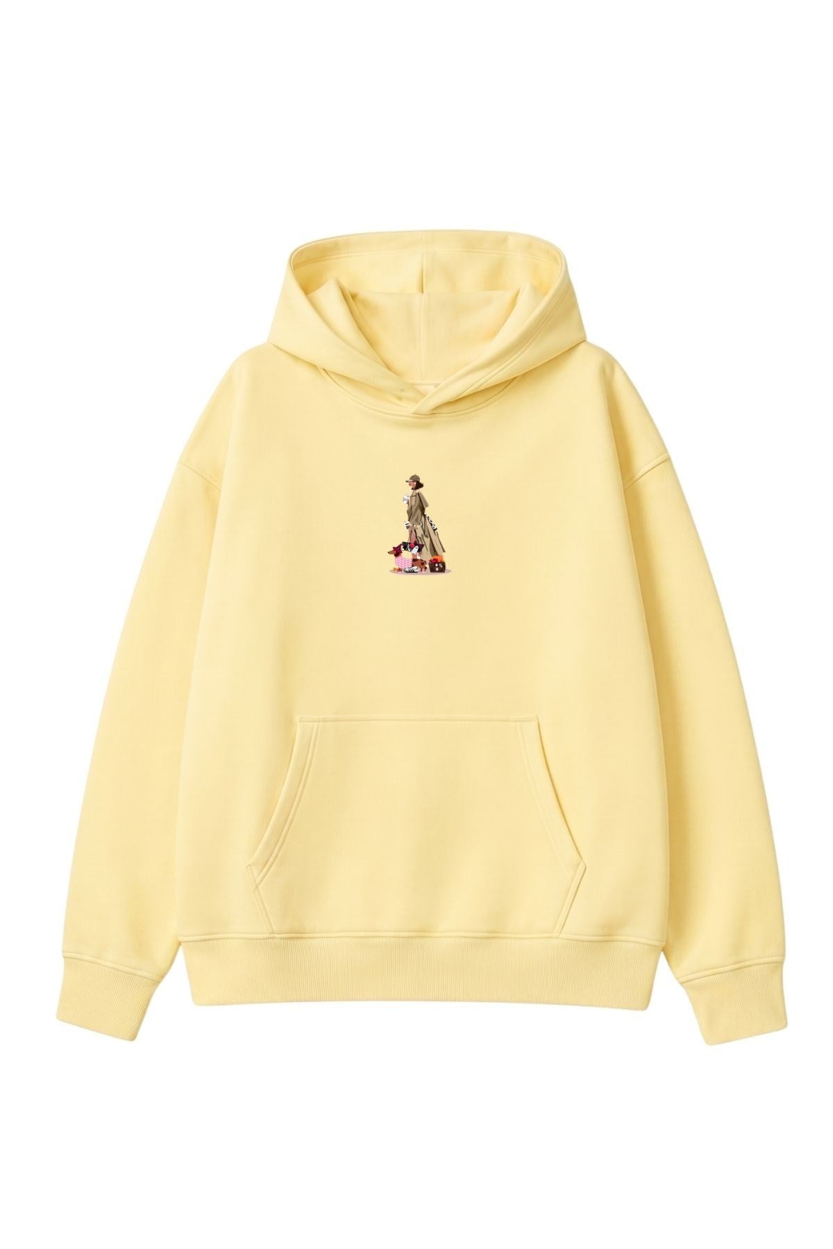 Kadın Oversize Hoodie City Walk Baskılı Sarı – Kapüşonlu, Kanguru Cepli, 3 İplik Polar