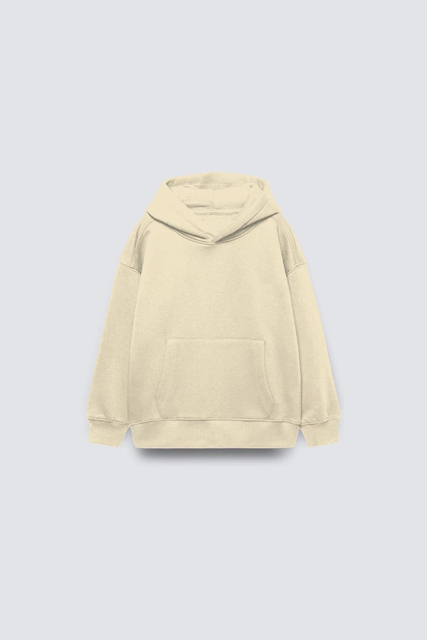 Bej Basic Çocuk Kapüşonlu Kanguru Cep Detaylı İçi Polar Oversize Sweatshirt