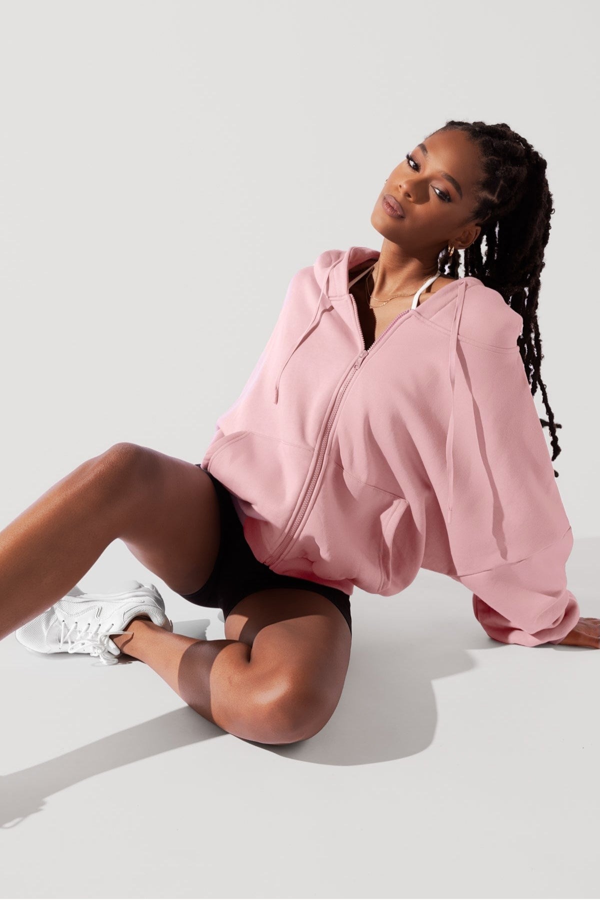 Kadın Pembe Kapüşonlu Sweatshirt Fermuarlı 3 İplik Şardonlu Oversize Kesim