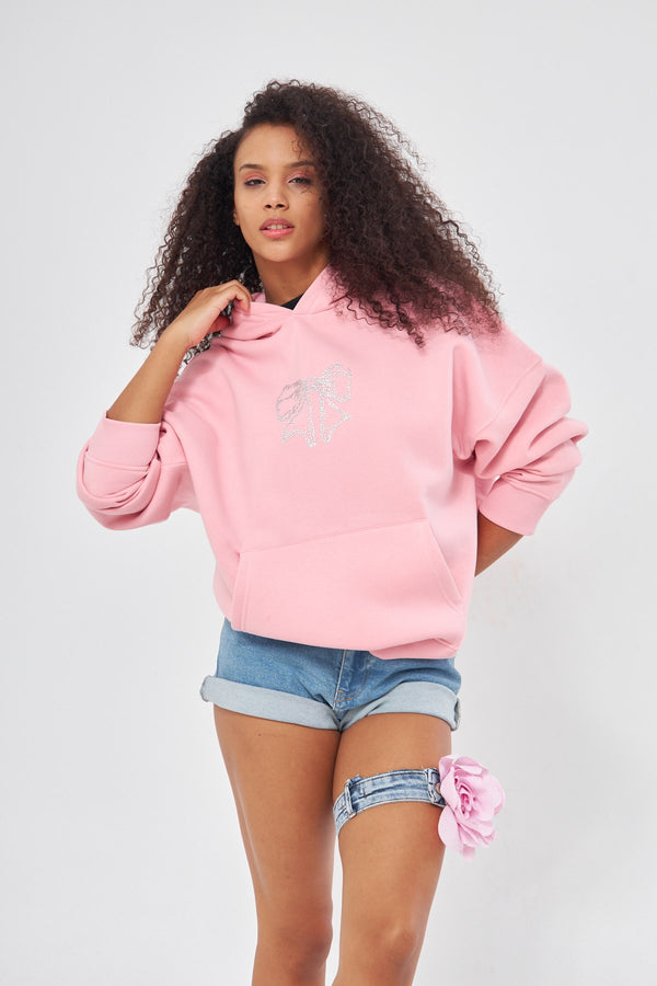 Fiyonk Desen Taş Baskılı Kapüşonlu İçi Polar Oversize Pembe Sweatshirt