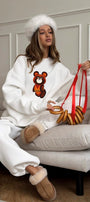 Kadın Oversize Sweatshirt Elbise Misha Mood Baskılı Beyaz – Bisiklet Yaka, 3 İplik Şardonlu Polar