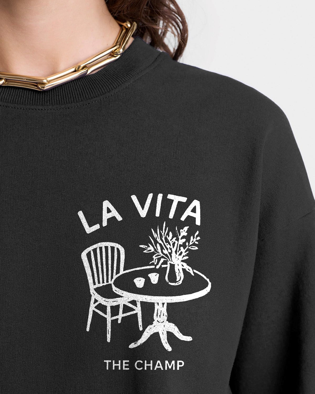 Kadın Oversize Sweatshirt Dolce Casa Baskılı Füme Konsept – Bisiklet Yaka, 3 İplik Şardonlu Polar